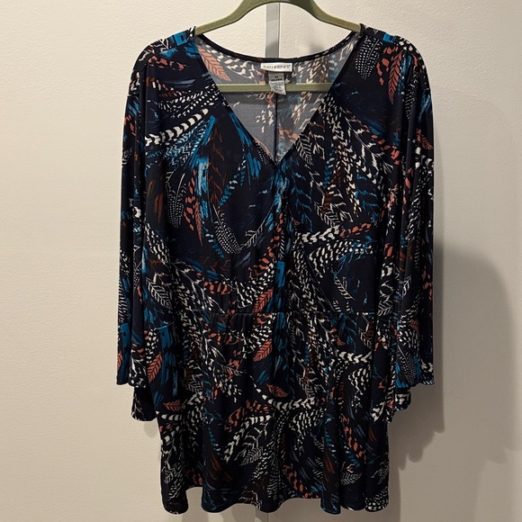 Catherines Tops - Catherines Multicolor Feather Print Blouse Faux Wrap Bell Sleeves Boho Size 3X